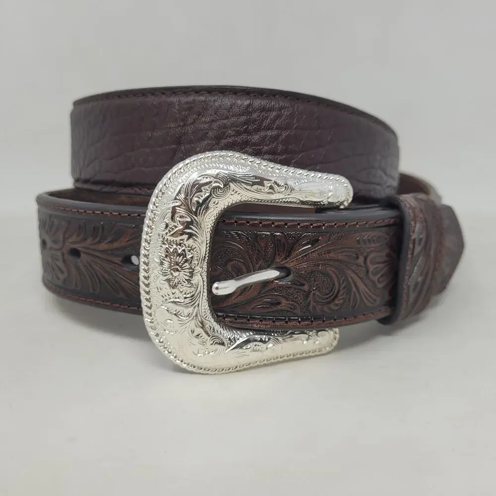 Nocona Belt Mens 42 Brown Leather Tooled Floral Western Cowboy Silver Buckle